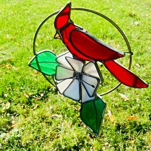 Vintage 3D Stained Glass Cardinal‎ Sun Catcher Bird Flower Hanging 8"